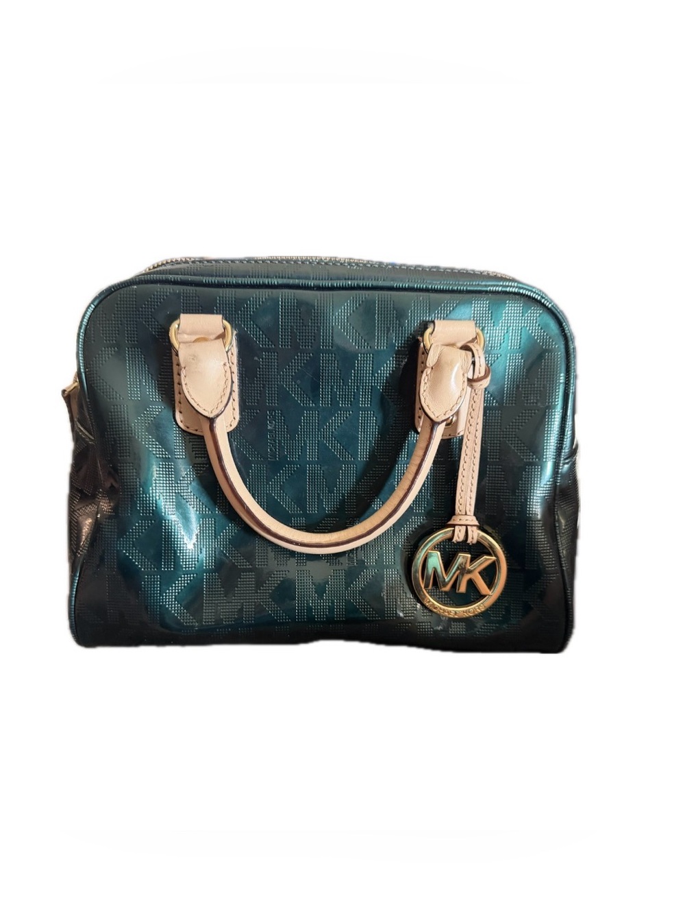 Michael Kors Green Logo Satchel with Beige Handles and Gold Hardware